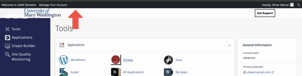 screenshot with a red arrow pointing to black admin bar at top of browser.